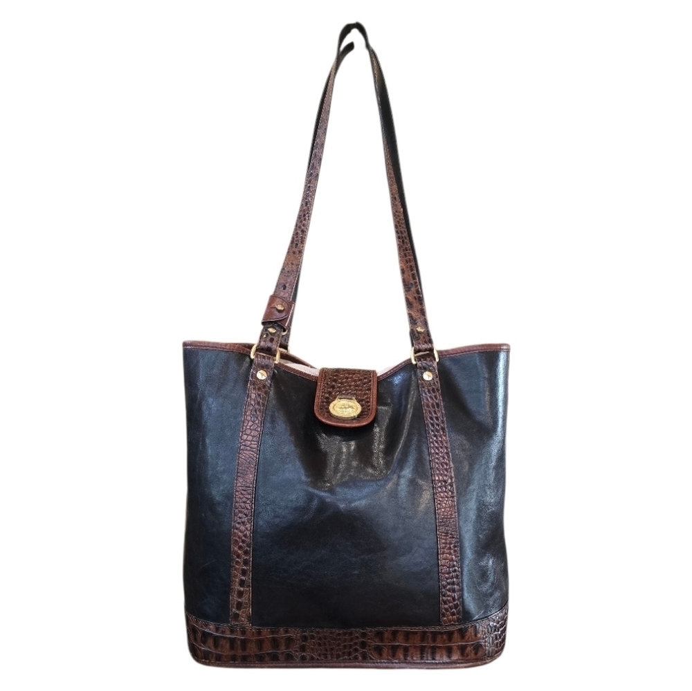 Brahmin Tuscan Collection Black Brown Croc Embossed Vintage Leather Tote Handbag